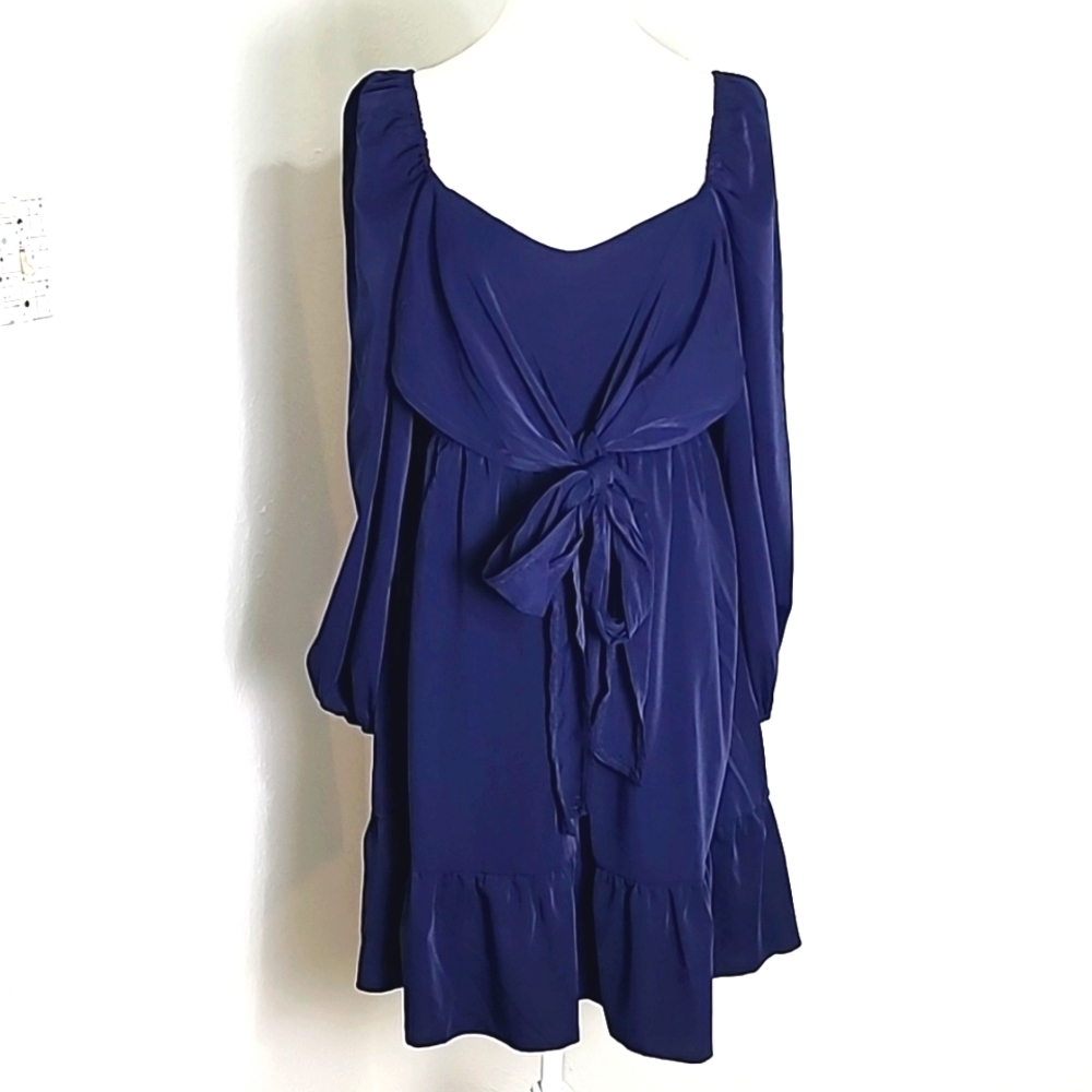 Shein Navy Blue Dress with Tie Front, Longsleeves, Ruffled Hemline, Size Large